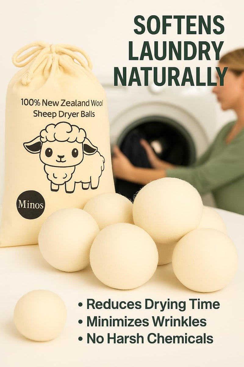 MINOS Natural Wool Dryer Balls | Reusable Natural Fabric Softener | Reduces Wrinkles & Drying Time | Large Dryer Balls is a Better Alternative to Plastic Balls and Liquid Softener| Saves Energy (Pack of 6) - Image 3